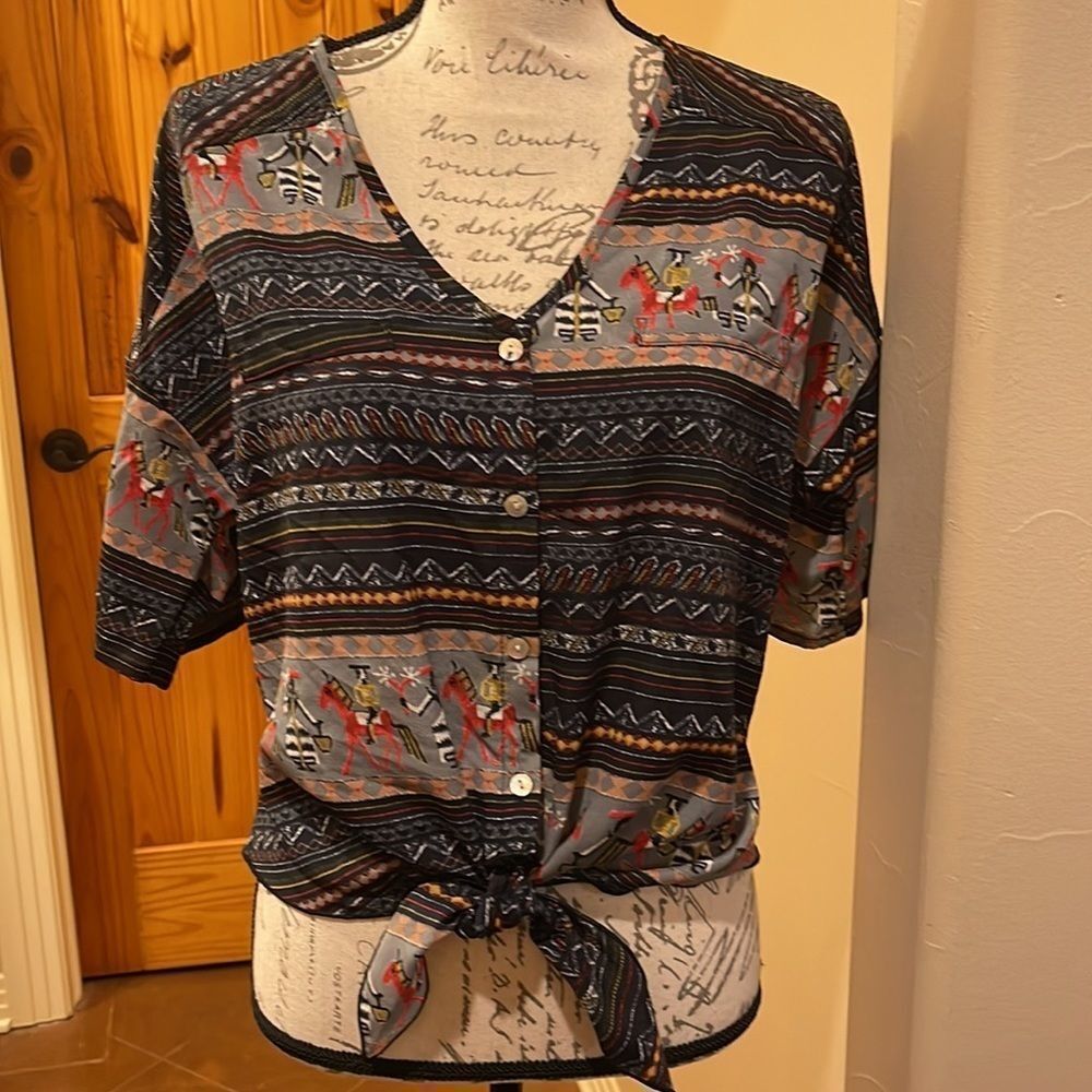 Blue Elephant Aztec Print Top, Size Small